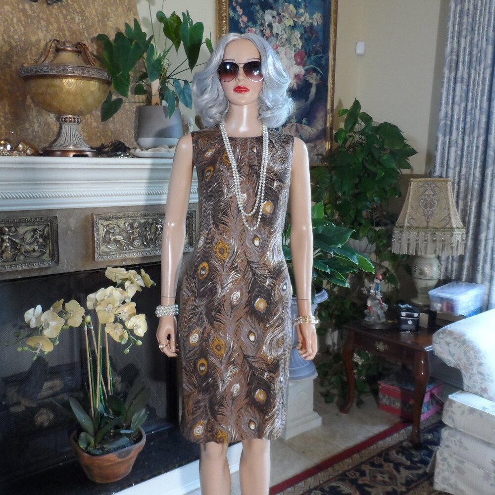 Tory Burch Silk Blend Brown/Beige Print Shift Dress w/Pleated Neck Detail Size 4